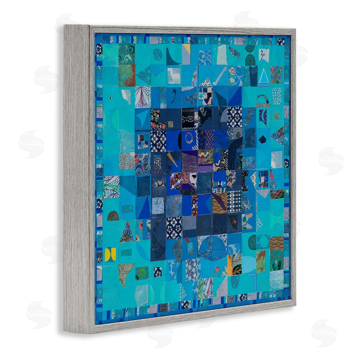 Pamela Fingado Blue Geometric Collage Gray Framed Giclee Wall Artside_