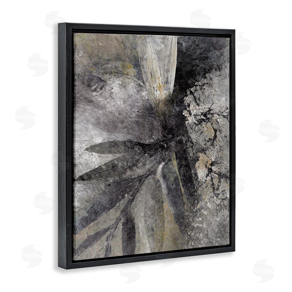 Grey Abstract Botanical Black Floating Frame Canvas Wall Art, Home Decor by BlursByAI