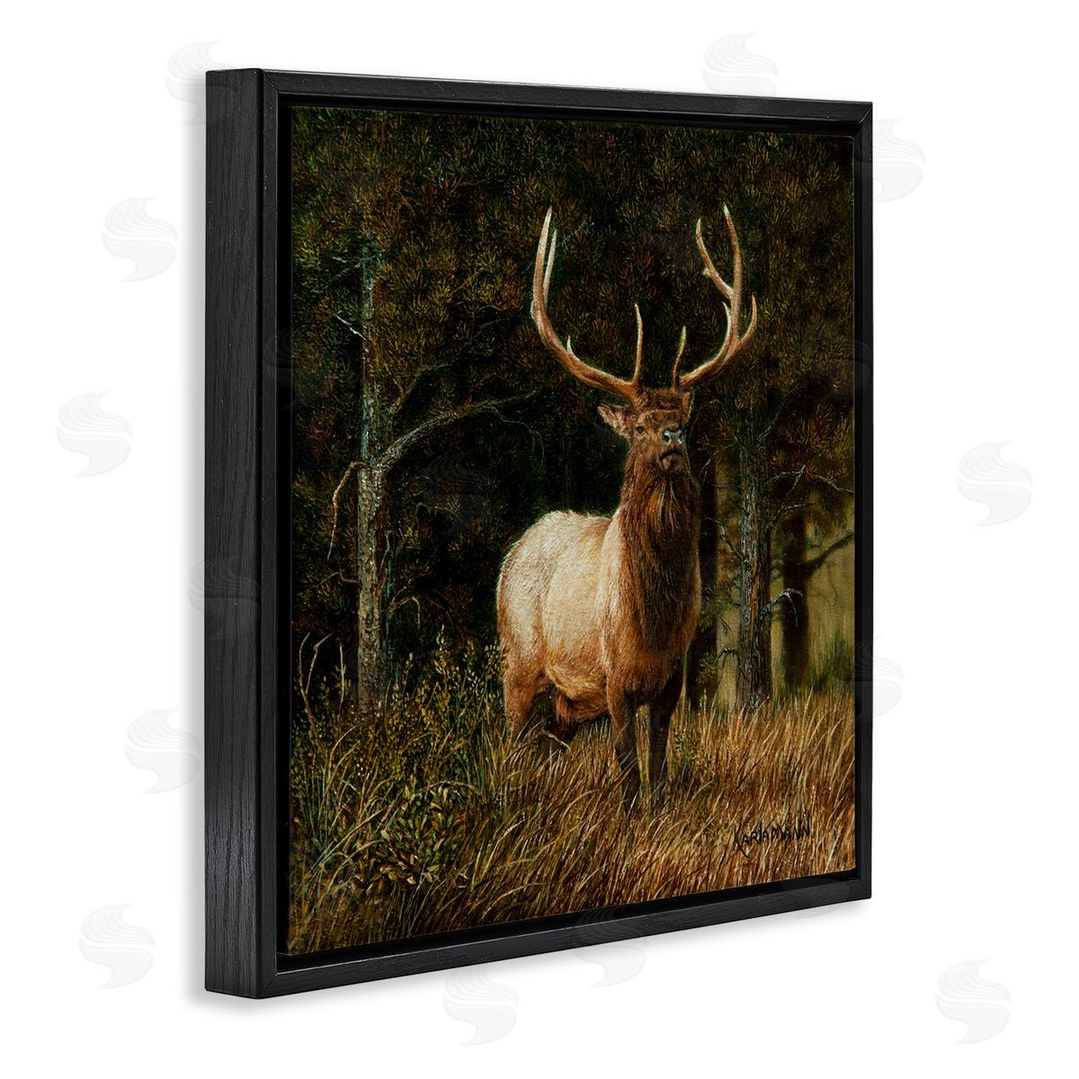Karla Mann Elk in Forest Painting Black Floater Frame Canvas Artside_