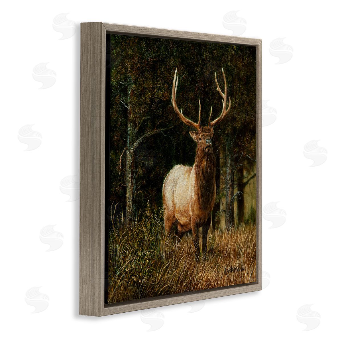 Karla Mann Elk in Forest Painting Brown Floater Frame Canvas Artside_