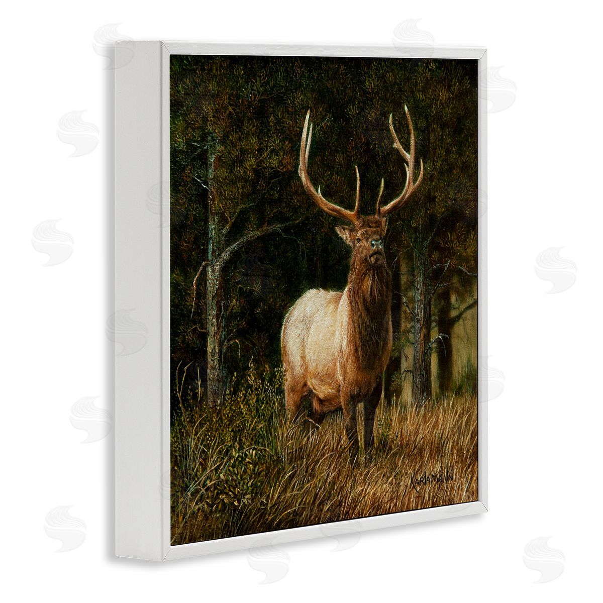 Karla Mann Elk in Forest Painting White Framed Giclee Wall Artside_