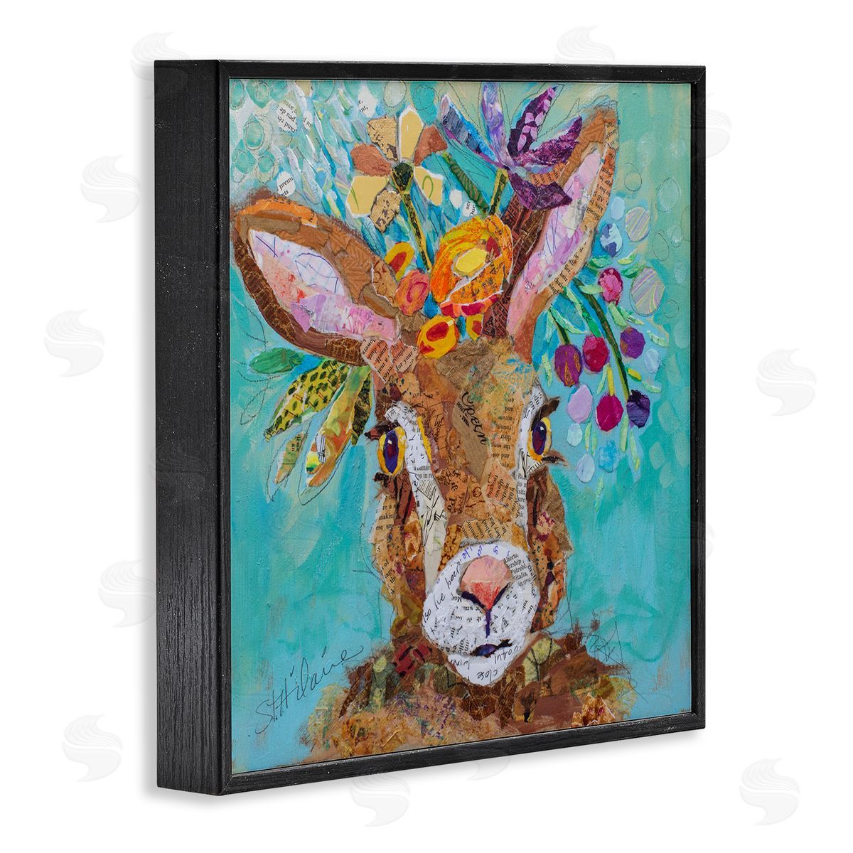 Elizabeth St. Hilaire Floral Rabbit Portrait Black Framed Giclee Wall Artside_