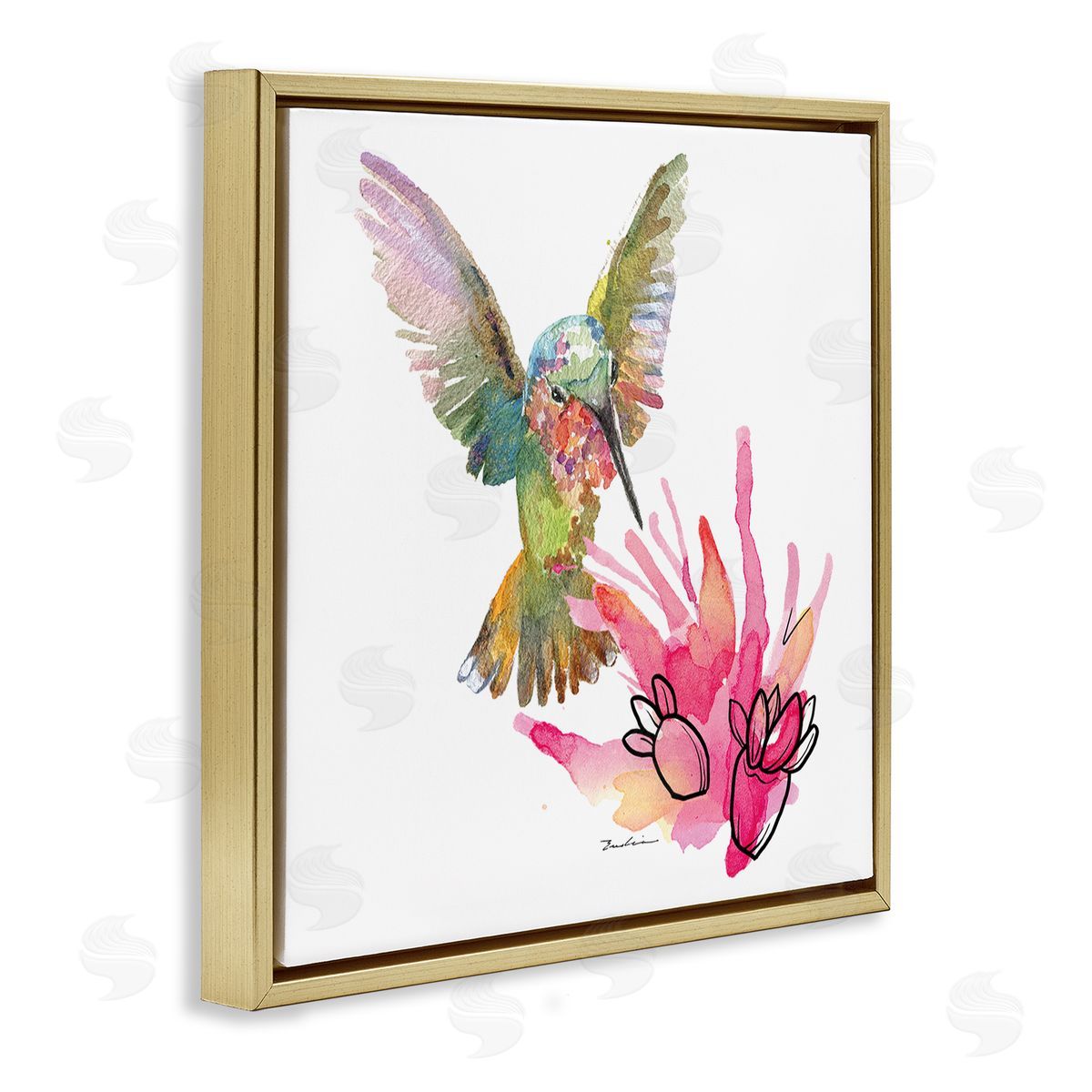 Evelia Designs Desert Hummingbird Watercolor Gold Floater Frame Canvas Artside_