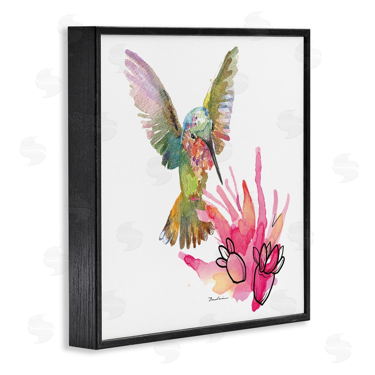 Evelia Designs Desert Hummingbird Watercolor Black Framed Giclee Wall Artside_
