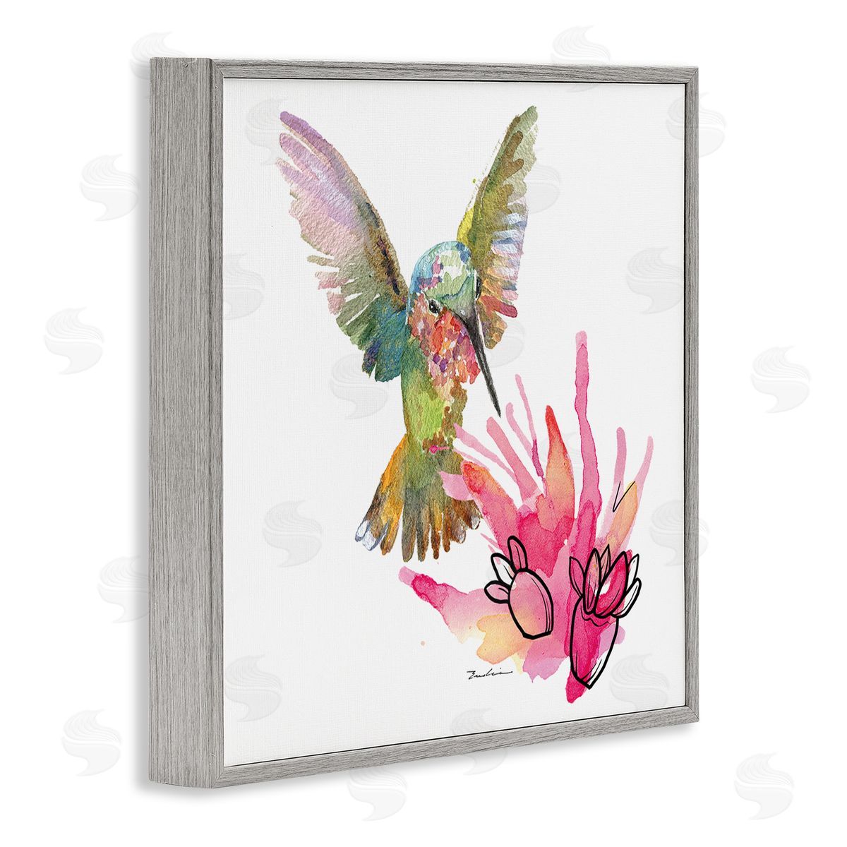 Evelia Designs Desert Hummingbird Watercolor Gray Framed Giclee Wall Artside_