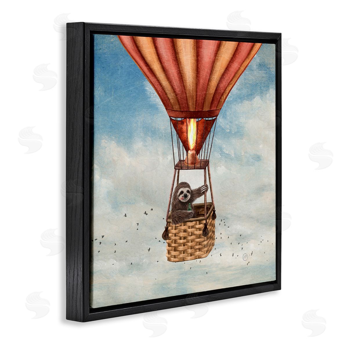 Sloth in Hot Air Balloon Black Floating Frame Canvas Wall Art, Home Decor by Paula Belle Flores