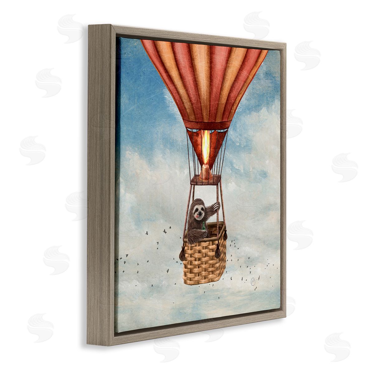 Sloth in Hot Air Balloon Brown Floating Frame Canvas Wall Art, Home Decor by Paula Belle Flores