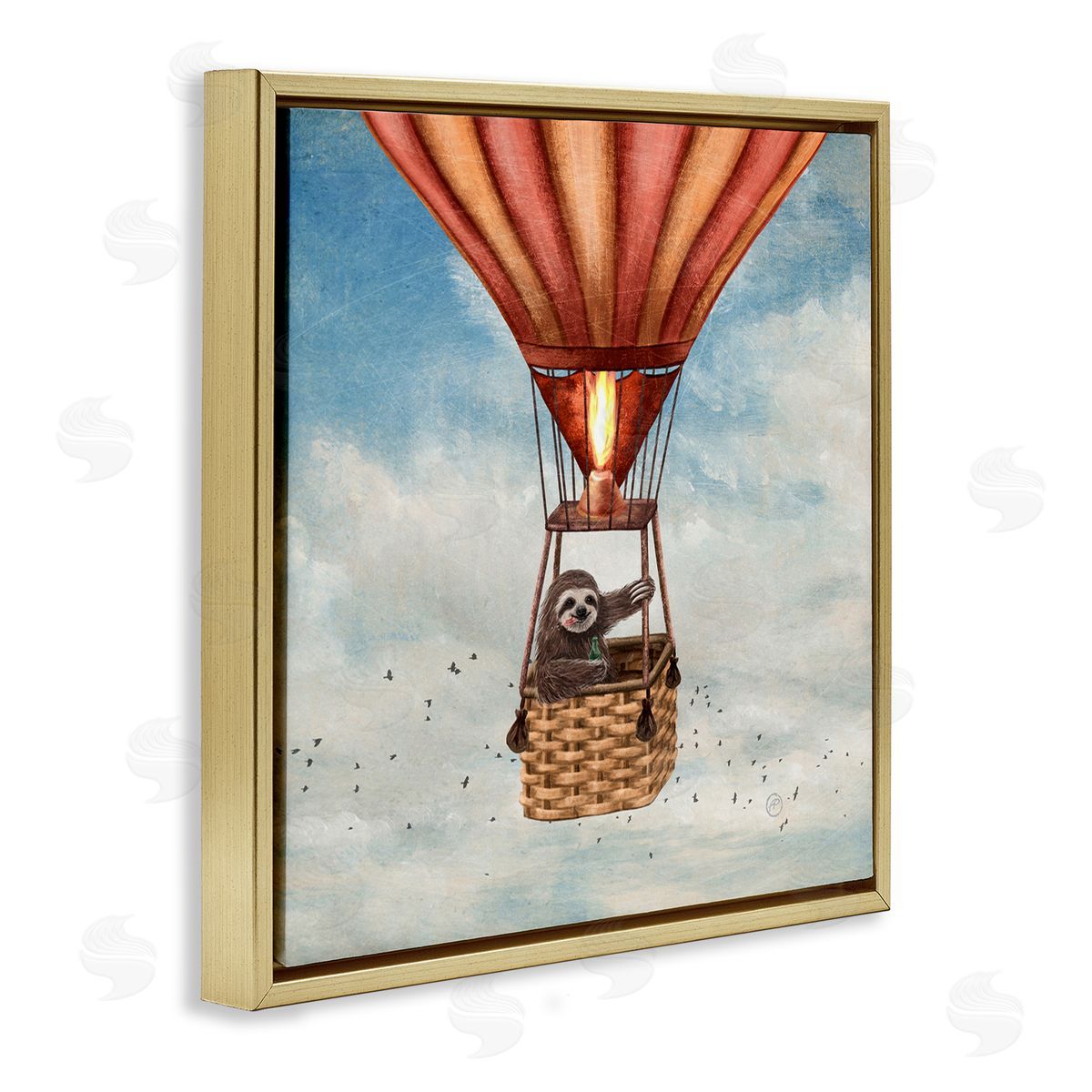 Sloth in Hot Air Balloon Gold Floating Frame Canvas Wall Art, Home Decor by Paula Belle Flores