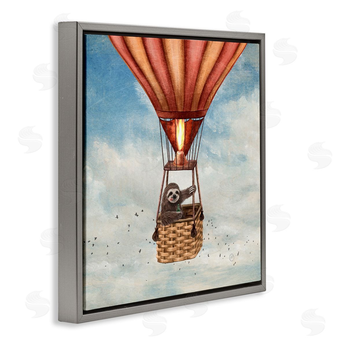 Sloth in Hot Air Balloon Grey Floating Frame Canvas Wall Art, Home Decor by Paula Belle Flores