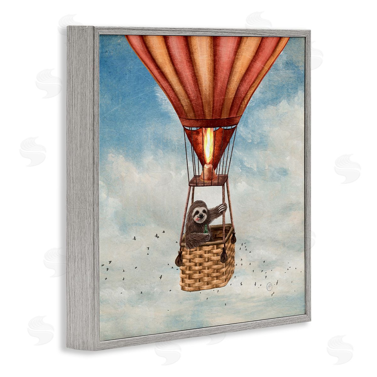 Sloth in Hot Air Balloon Grey Frame Print Wall Art, Home Decor by Paula Belle Flores