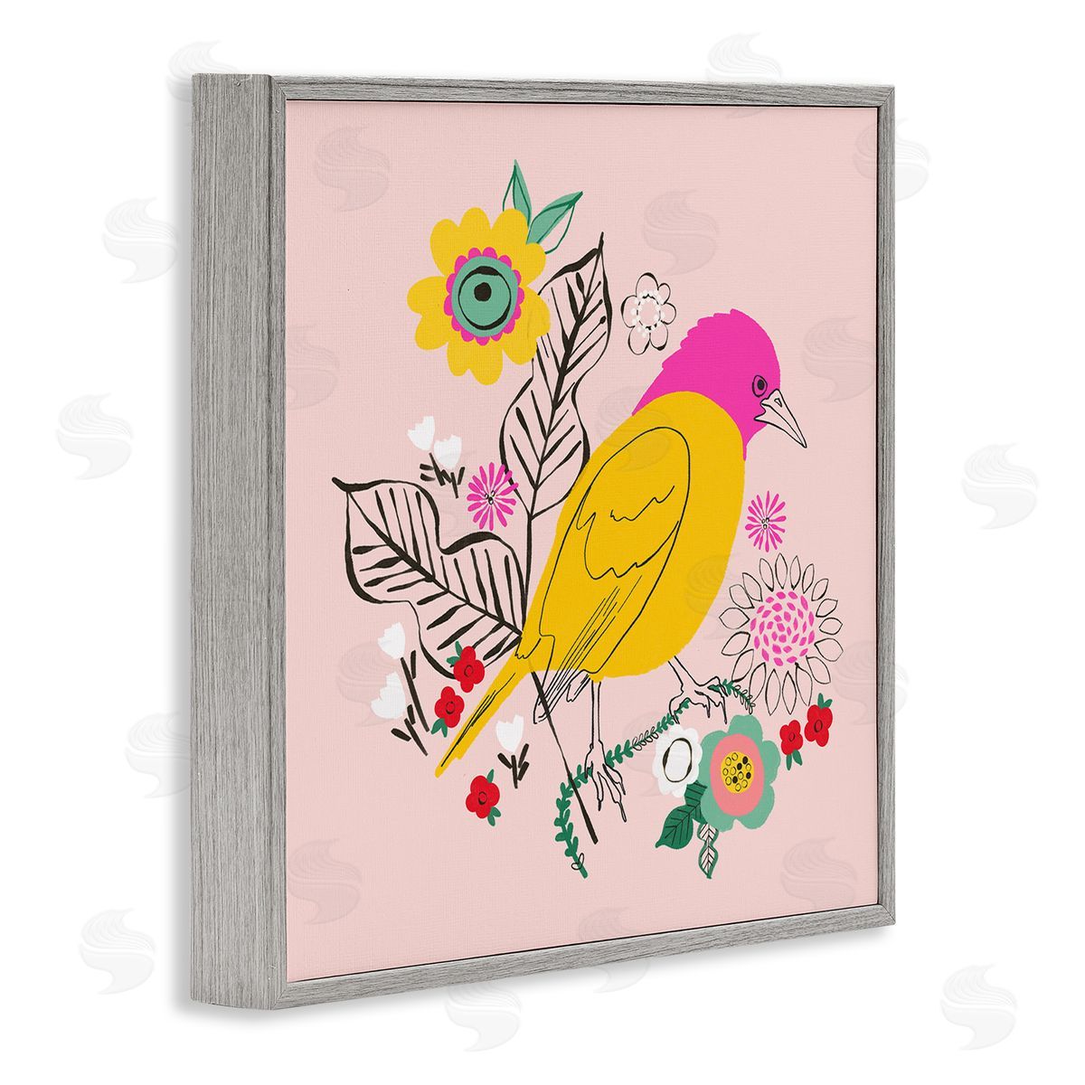 Pragya Kothari Pink & Yellow Floral Bird Gray Framed Giclee Wall Artside_