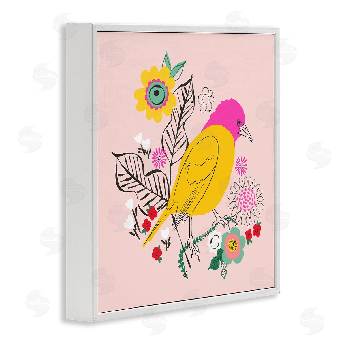 Pragya Kothari Pink & Yellow Floral Bird White Framed Giclee Wall Artside_