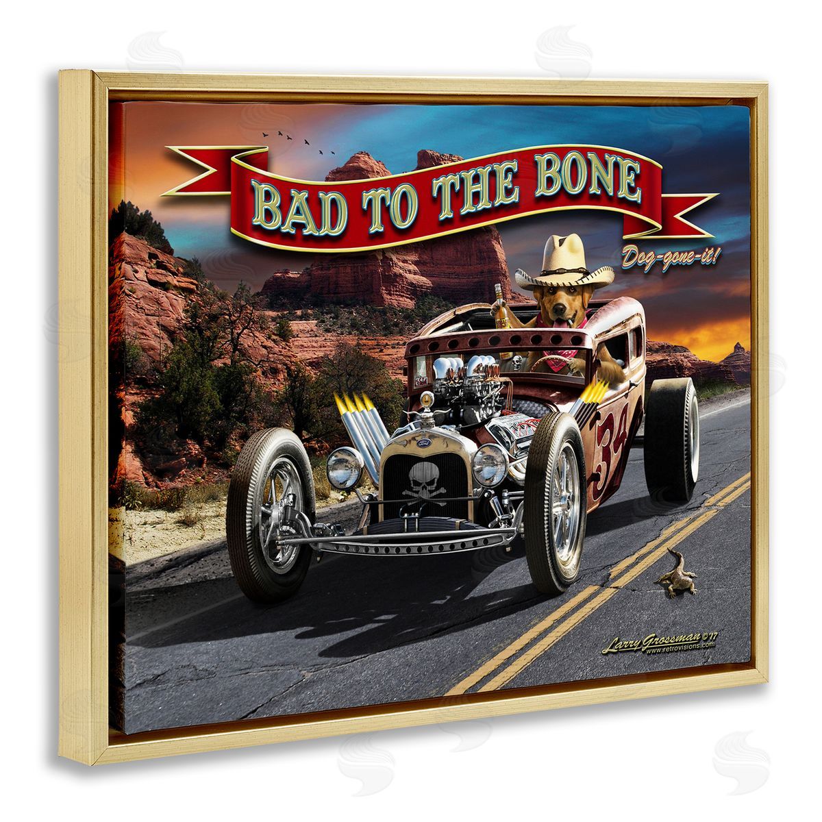Larry Grossman Bad to the Bone Dog Gold Floater Frame Canvas Artside_