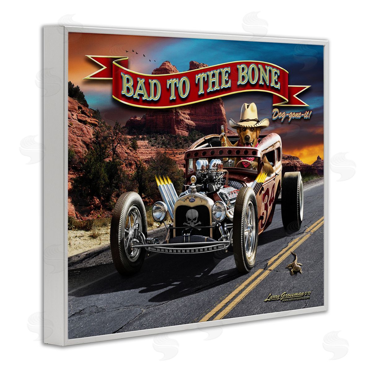 Larry Grossman Bad to the Bone Dog White Framed Giclee Wall Artside_