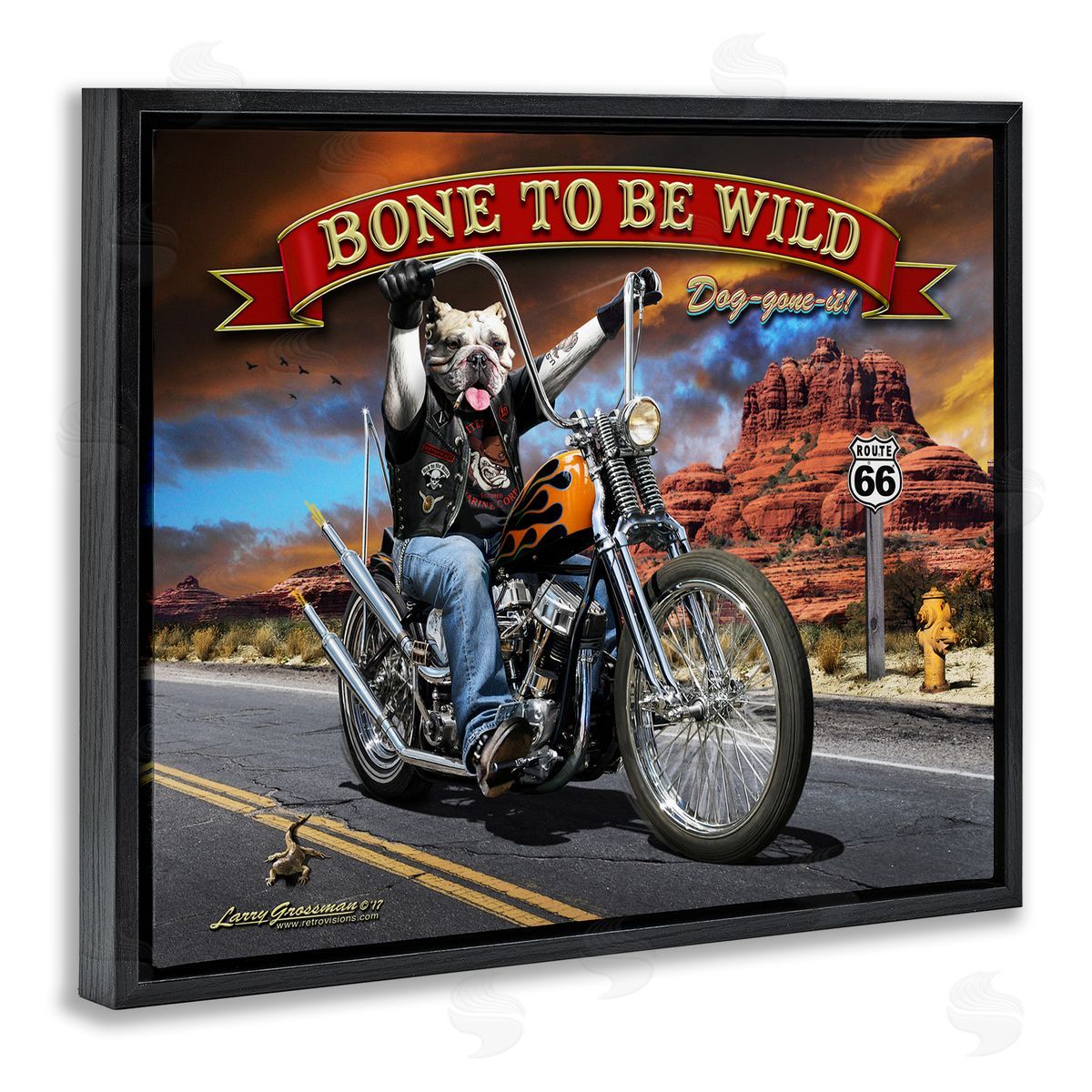 Larry Grossman Bone Wild Motorcycle Dog Black Floater Frame Canvas Artside_
