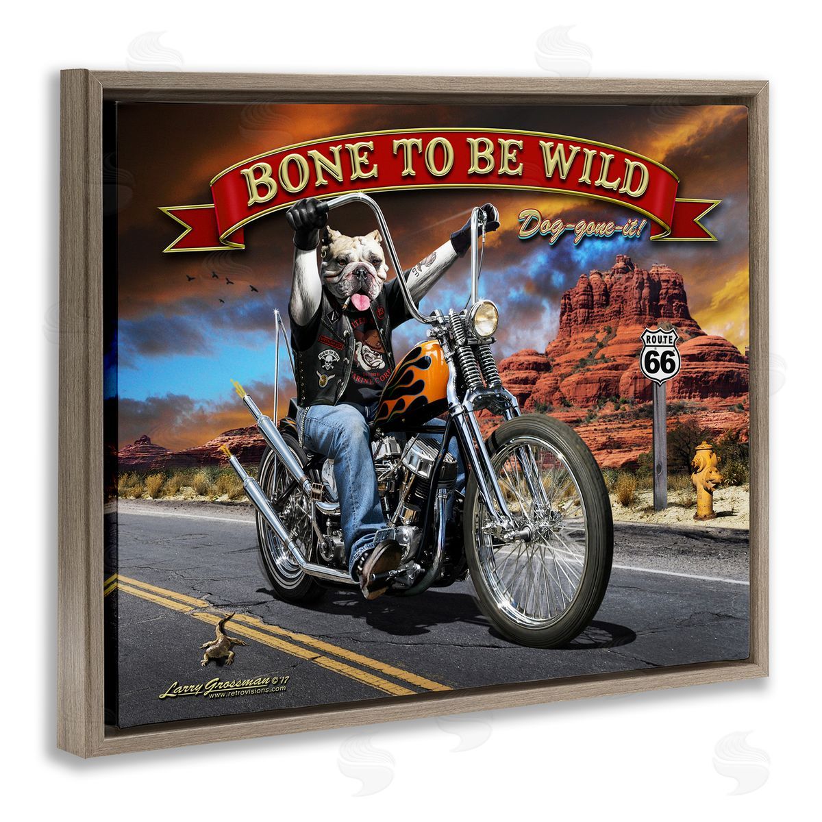Larry Grossman Bone Wild Motorcycle Dog Brown Floater Frame Canvas Artside_