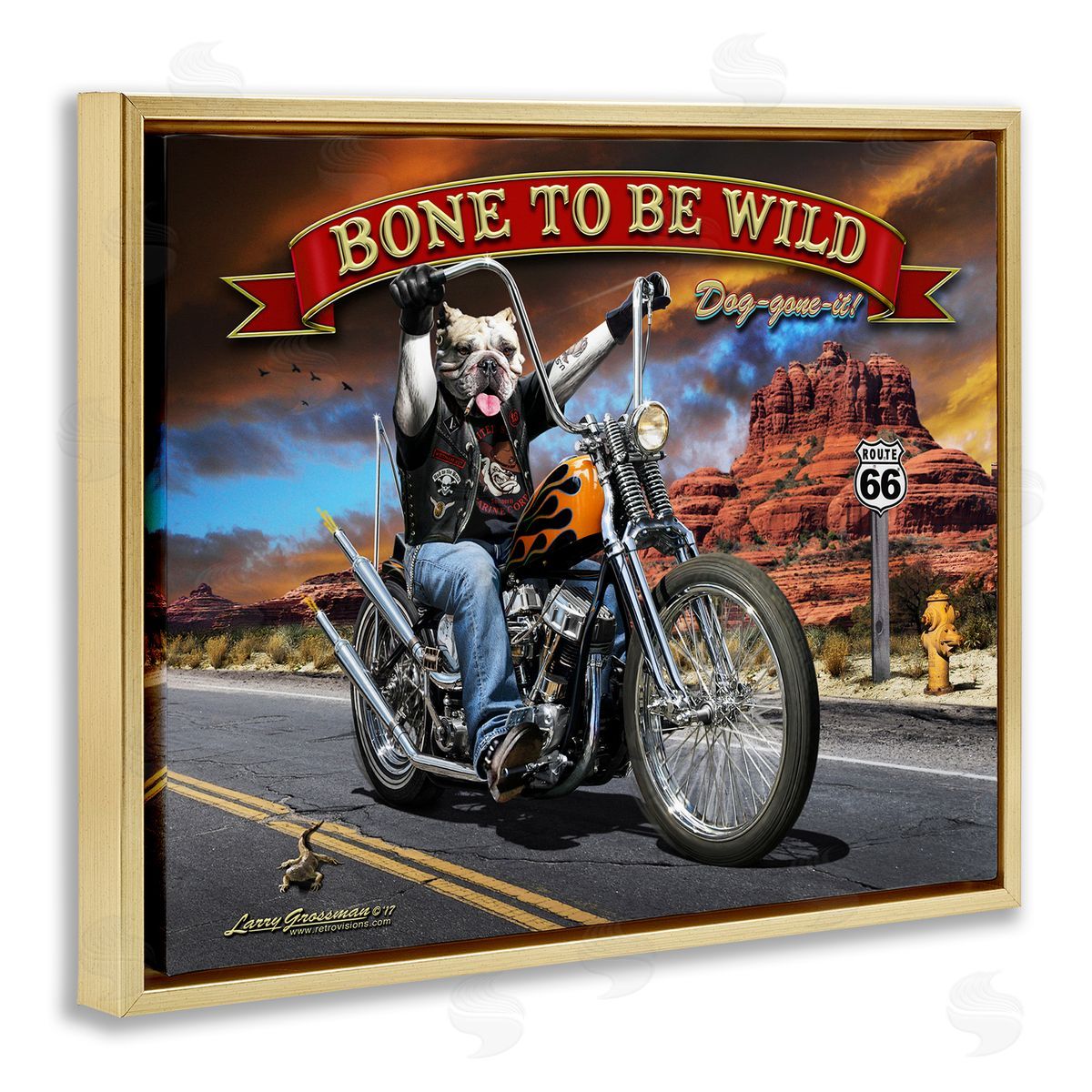 Larry Grossman Bone Wild Motorcycle Dog Gold Floater Frame Canvas Artside_