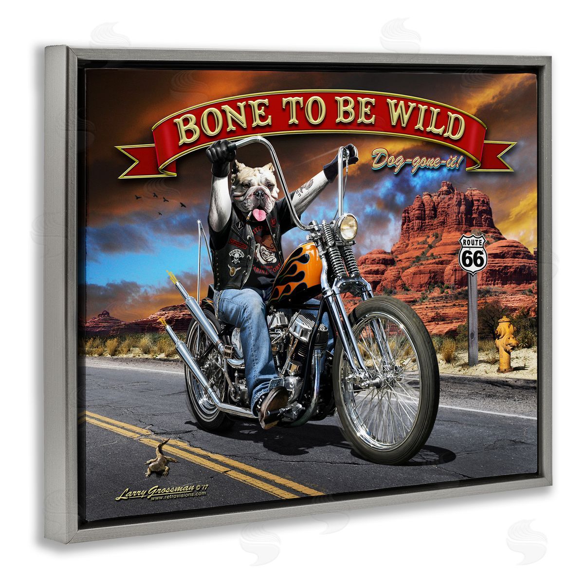 Larry Grossman Bone Wild Motorcycle Dog Gray Floater Frame Canvas Artside_