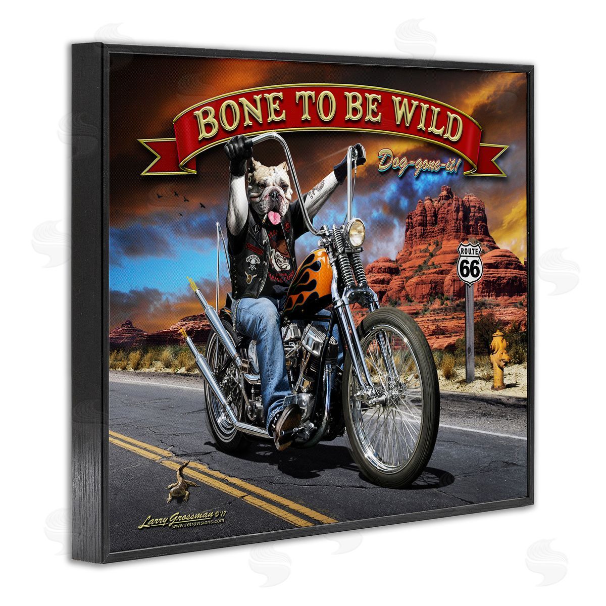 Larry Grossman Bone Wild Motorcycle Dog Black Framed Giclee Wall Artside_