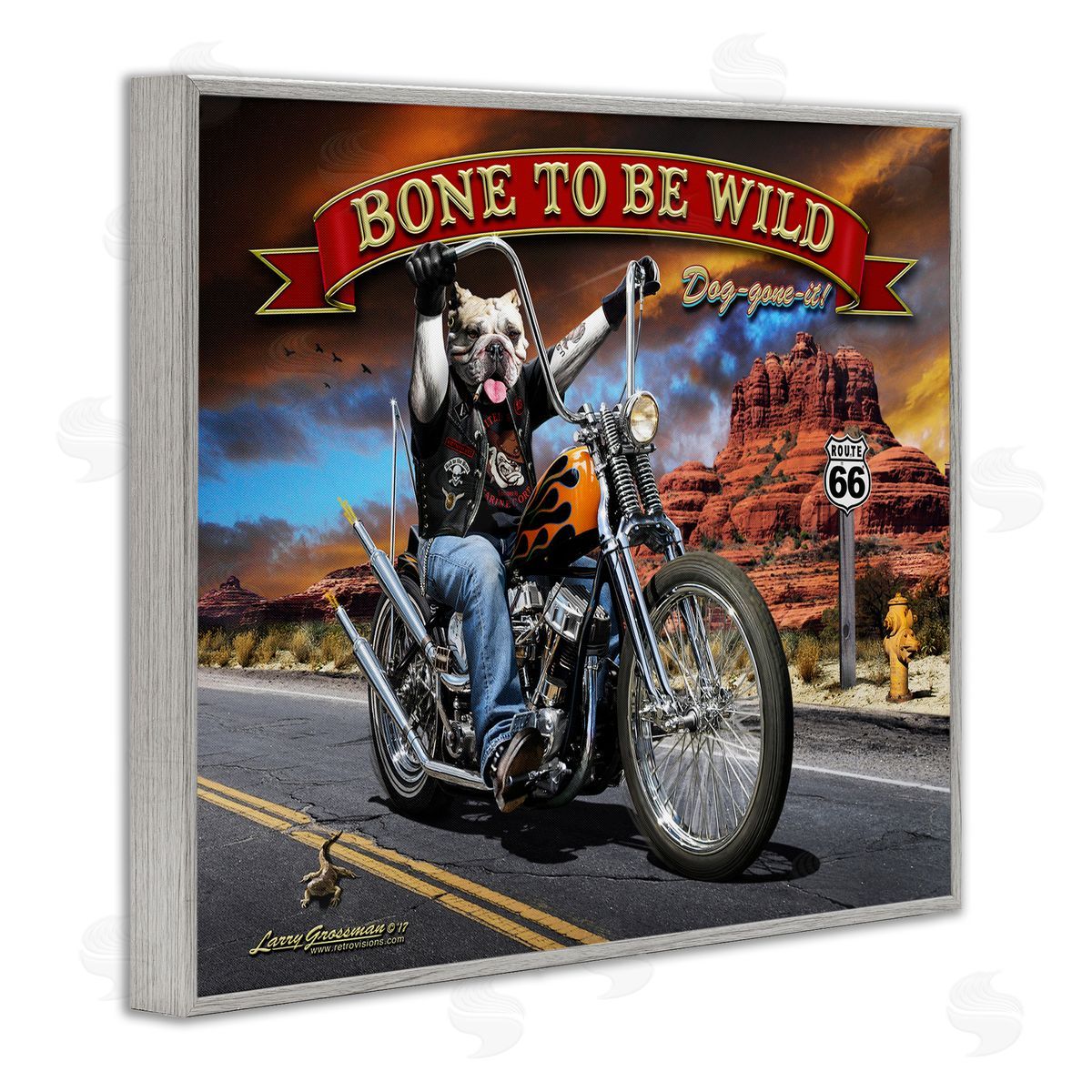 Larry Grossman Bone Wild Motorcycle Dog Gray Framed Giclee Wall Artside_