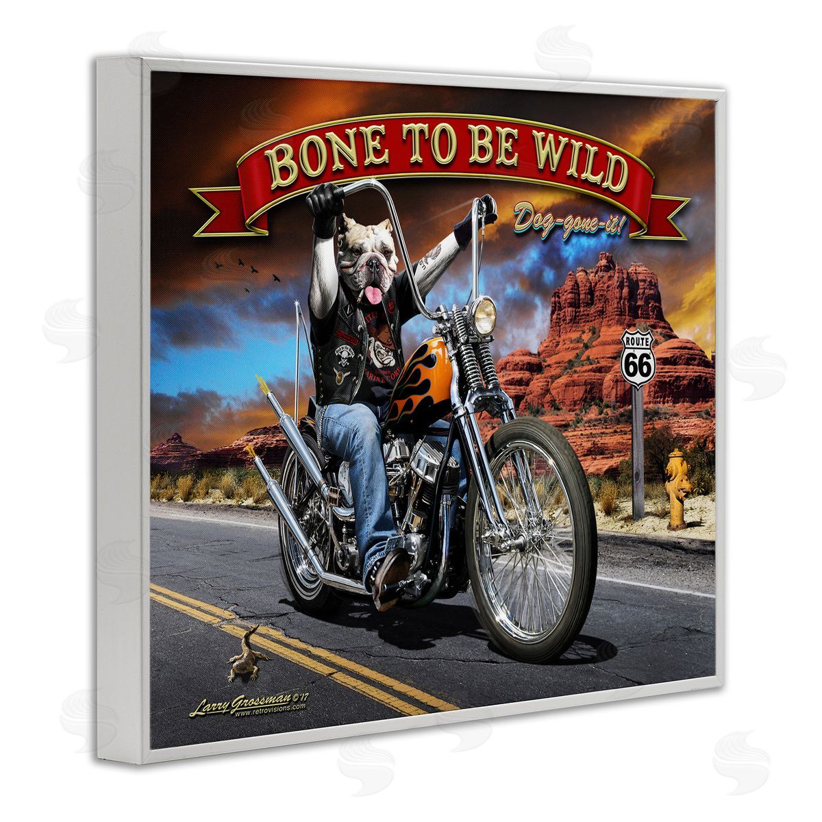 Larry Grossman Bone Wild Motorcycle Dog White Framed Giclee Wall Artside_