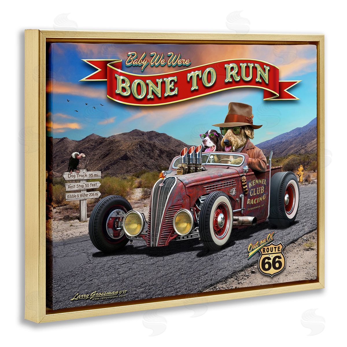 Larry Grossman Bone to Run Dogs Gold Floater Frame Canvas Artside_