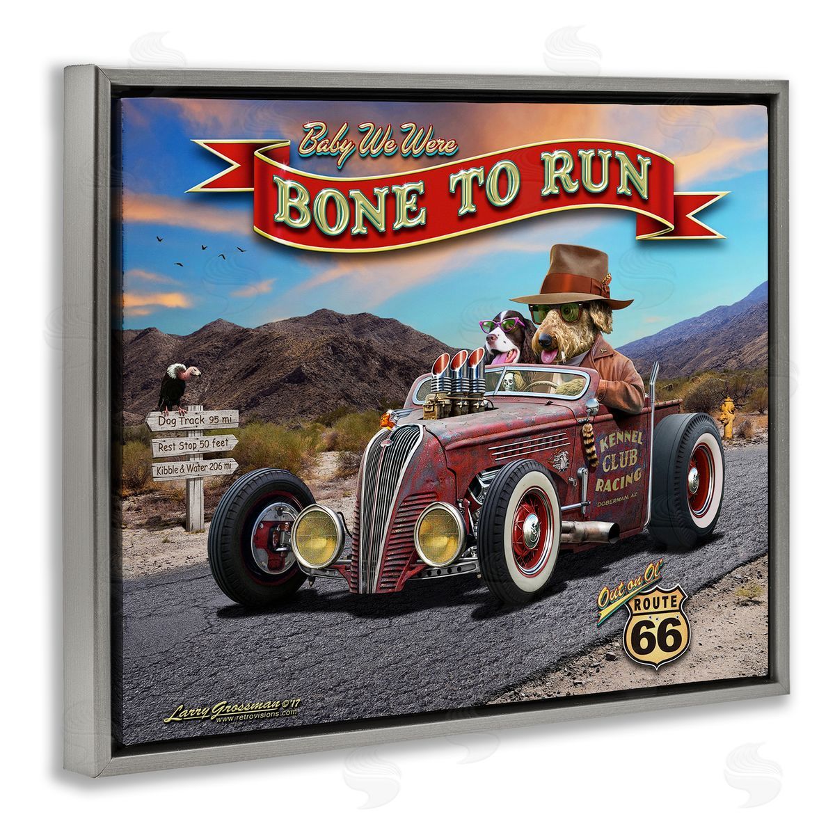 Larry Grossman Bone to Run Dogs Gray Floater Frame Canvas Artside_