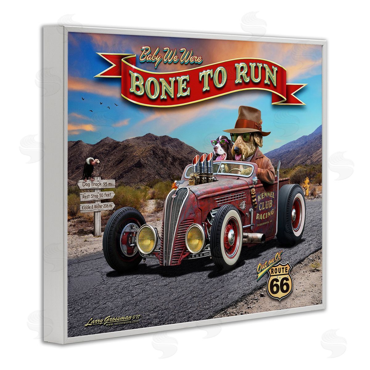 Larry Grossman Bone to Run Dogs White Framed Giclee Wall Artside_