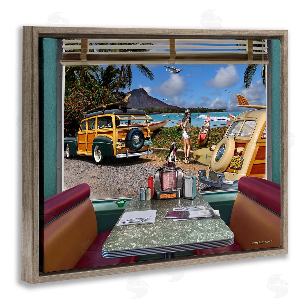 Larry Grossman Vintage Diner Beach View Brown Floater Frame Canvas Artside_