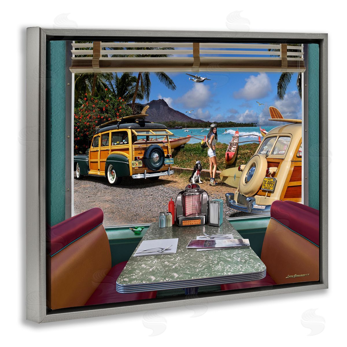 Larry Grossman Vintage Diner Beach View Gray Floater Frame Canvas Artside_