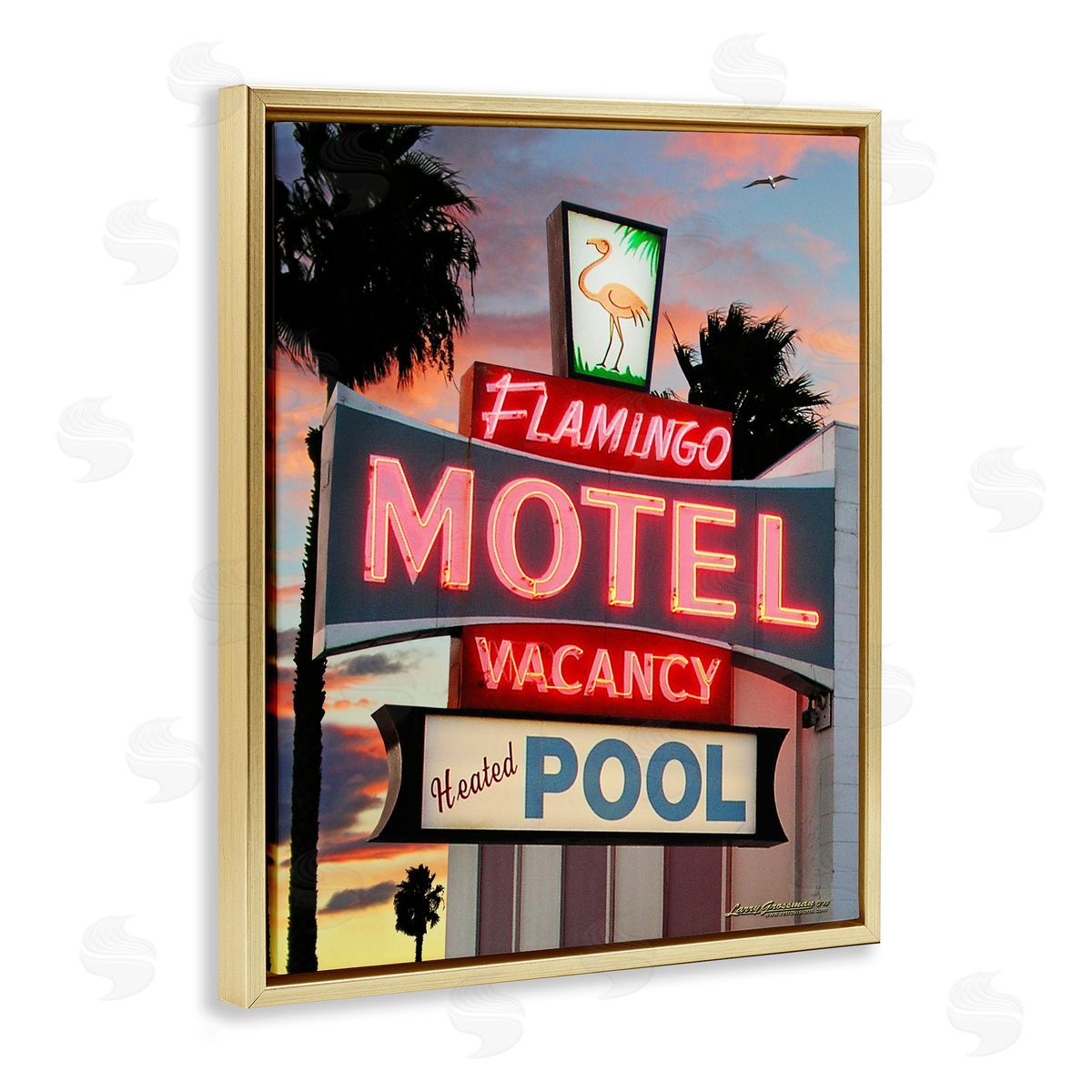 Larry Grossman Tropical Flamingo Motel Gold Floater Frame Canvas Artside_