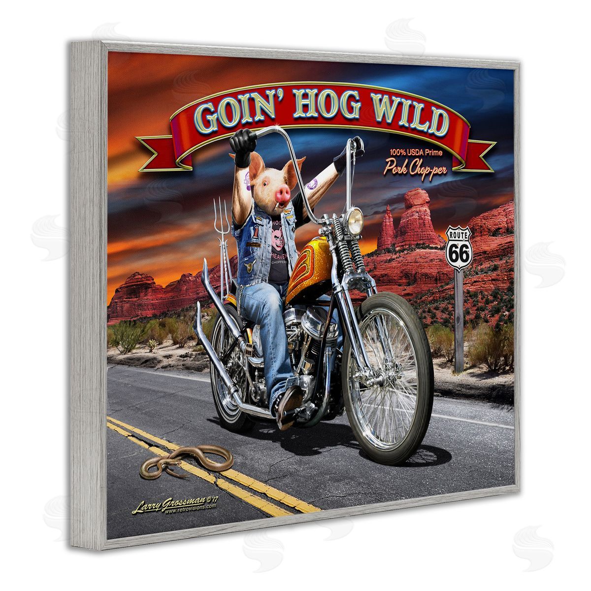 Larry Grossman Hog Wild Chopper Bike Gray Framed Giclee Wall Artside_