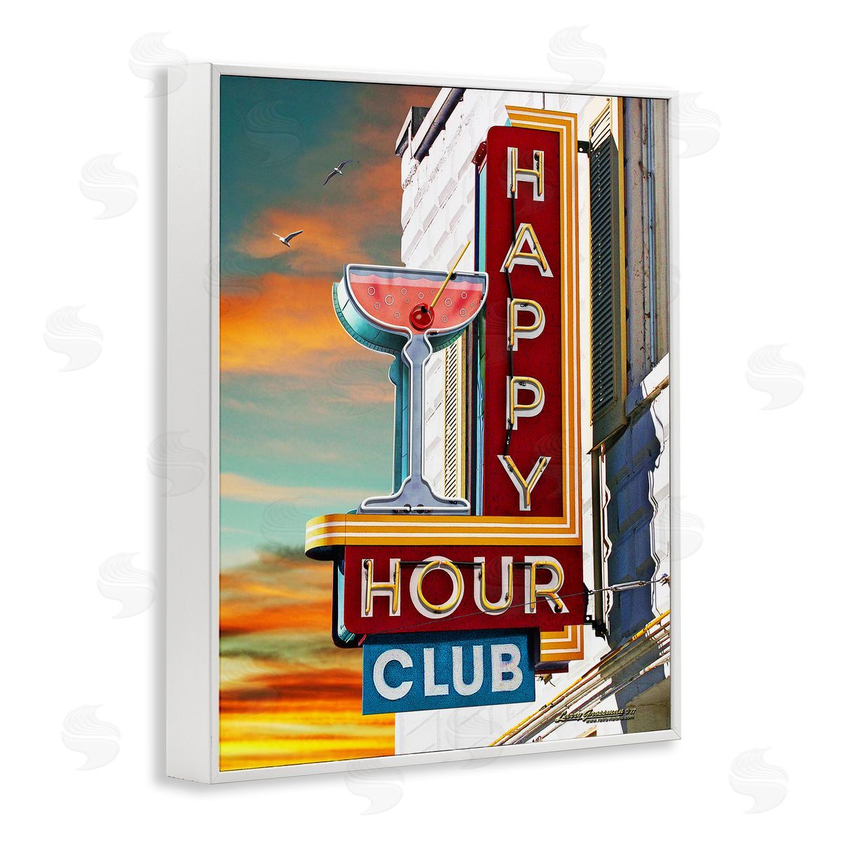 Larry Grossman Happy Hour Club Sign White Framed Giclee Wall Artside_