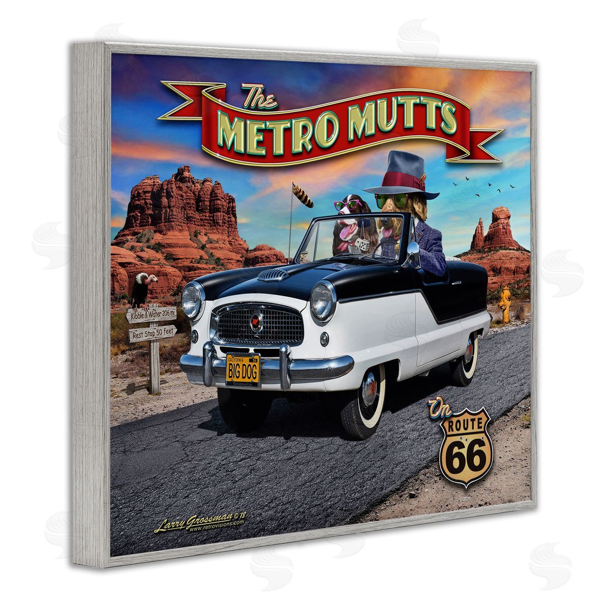 Larry Grossman Metro Mutts Vintage Car Gray Framed Giclee Wall Artside_