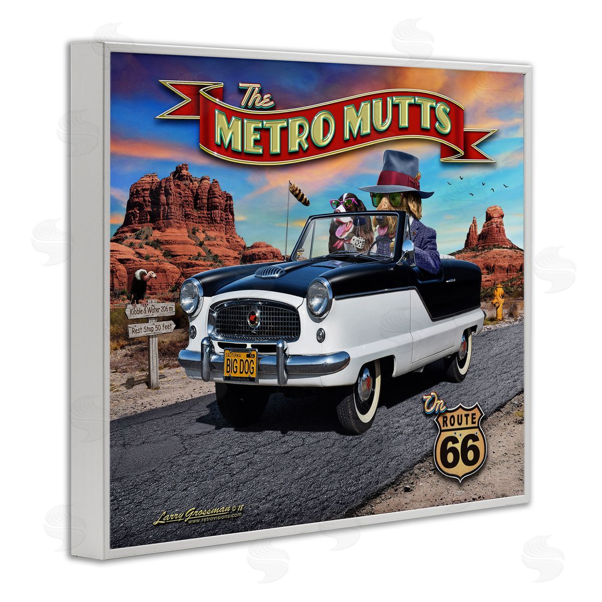 Larry Grossman Metro Mutts Vintage Car White Framed Giclee Wall Artside_