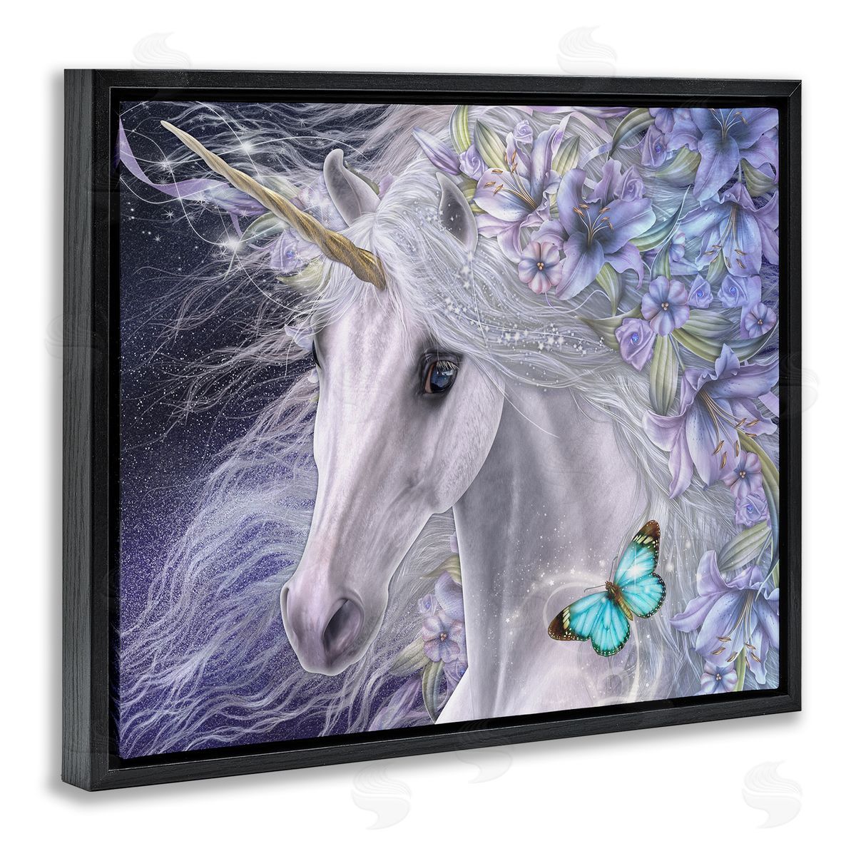 Laurie Prindle Lillicorn Purple Floral Unicorn Black Floater Frame Canvas Artside_