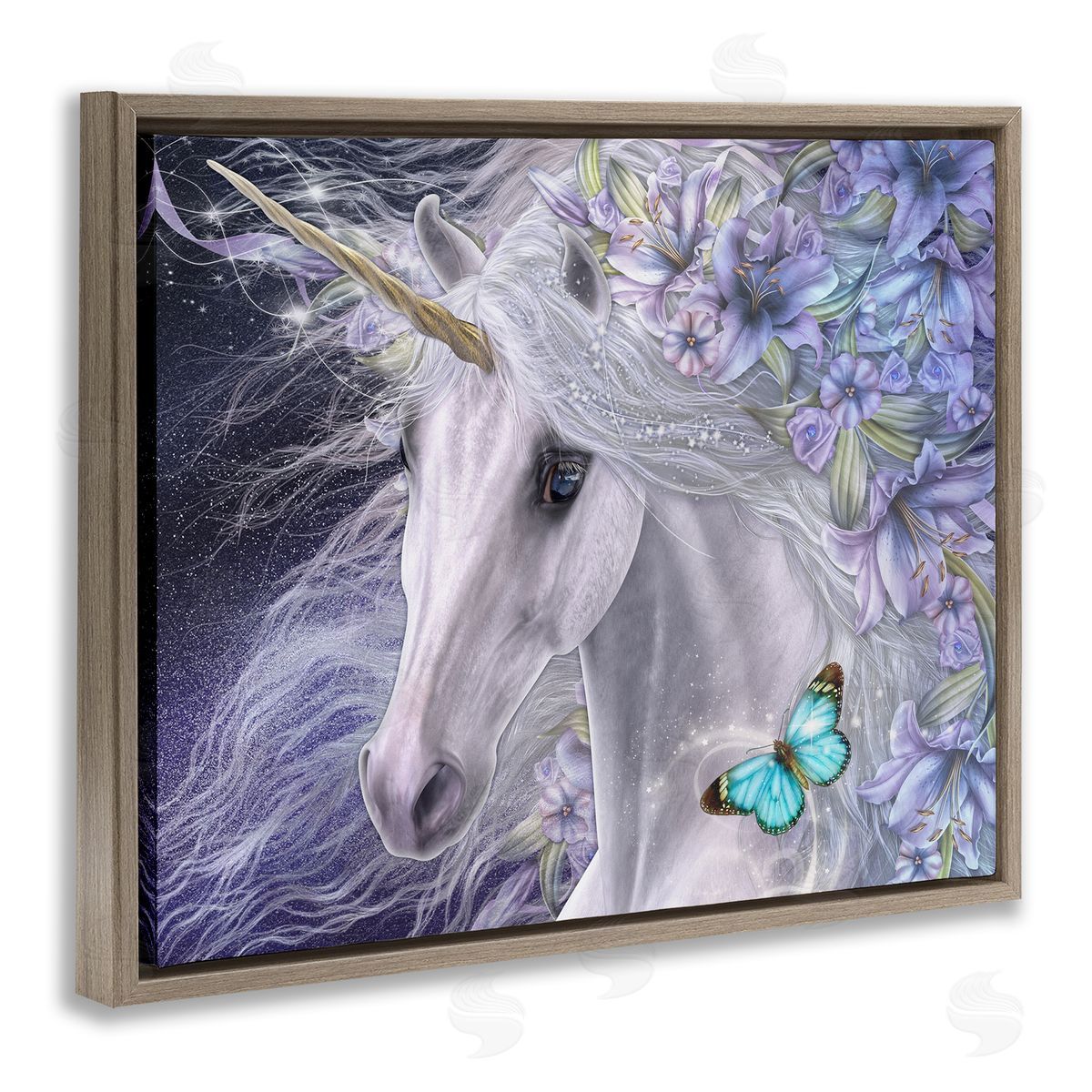 Laurie Prindle Lillicorn Purple Floral Unicorn Brown Floater Frame Canvas Artside_