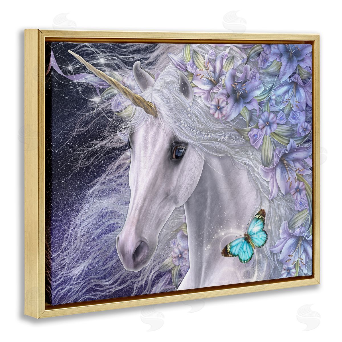 Laurie Prindle Lillicorn Purple Floral Unicorn Gold Floater Frame Canvas Artside_