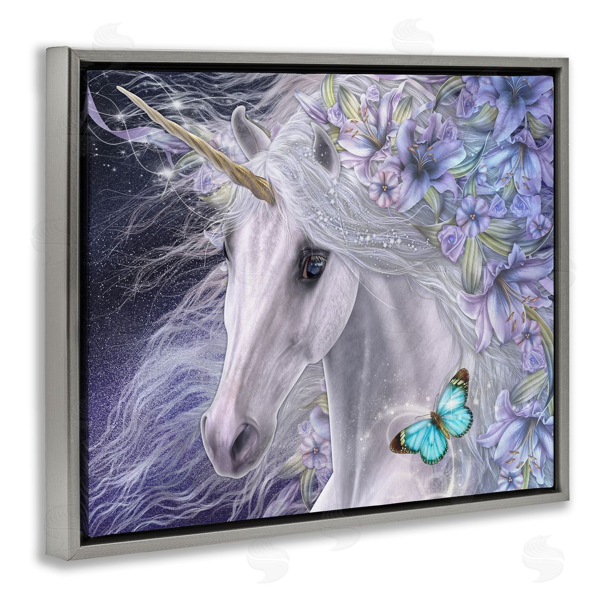 Laurie Prindle Lillicorn Purple Floral Unicorn Gray Floater Frame Canvas Artside_