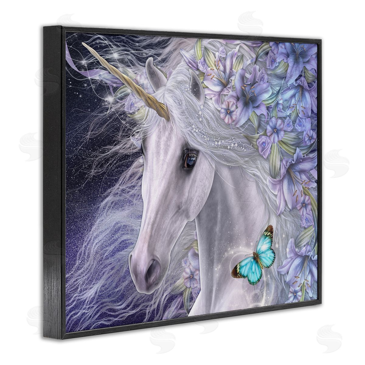 Laurie Prindle Lillicorn Purple Floral Unicorn Black Framed Giclee Wall Artside_