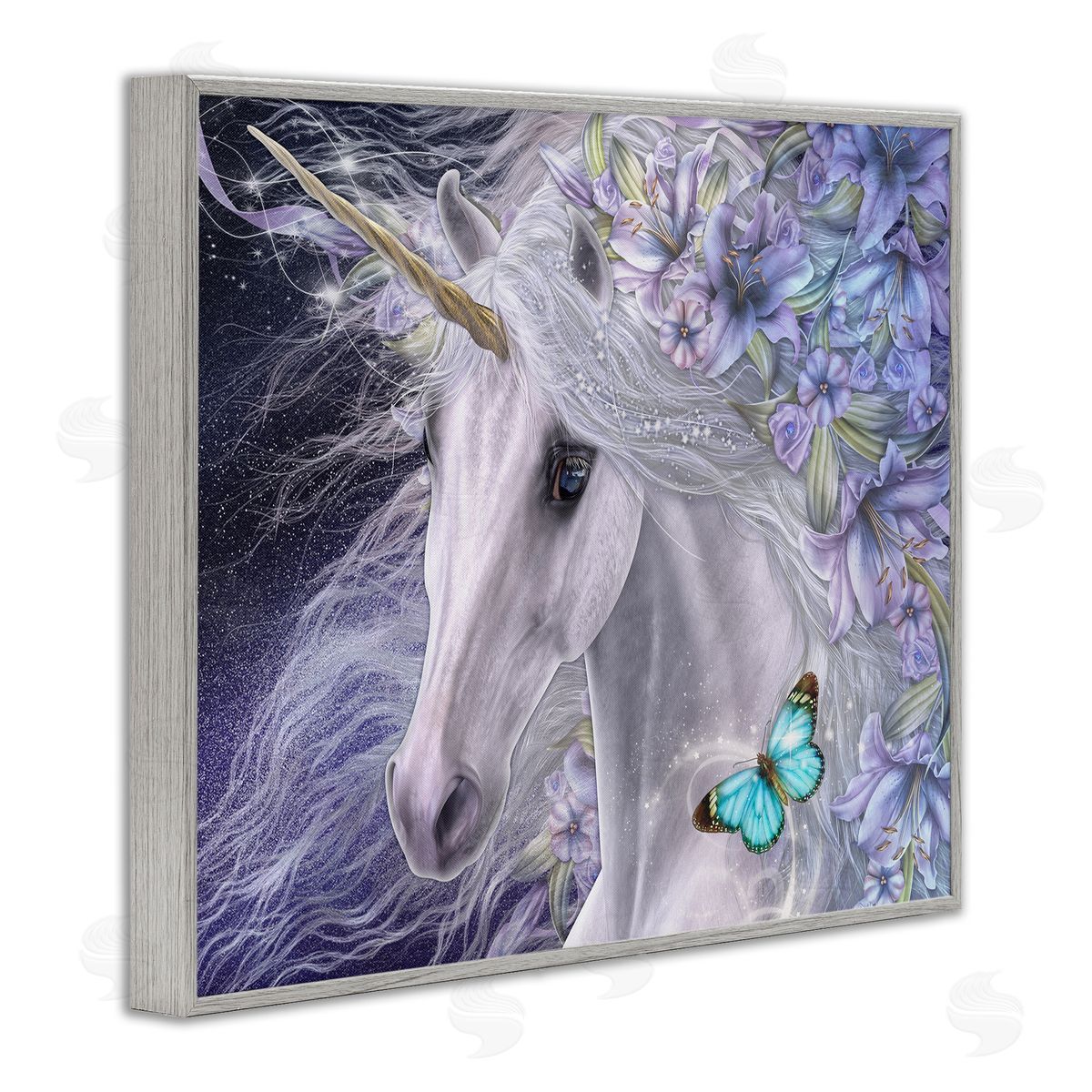 Laurie Prindle Lillicorn Purple Floral Unicorn Gray Framed Giclee Wall Artside_