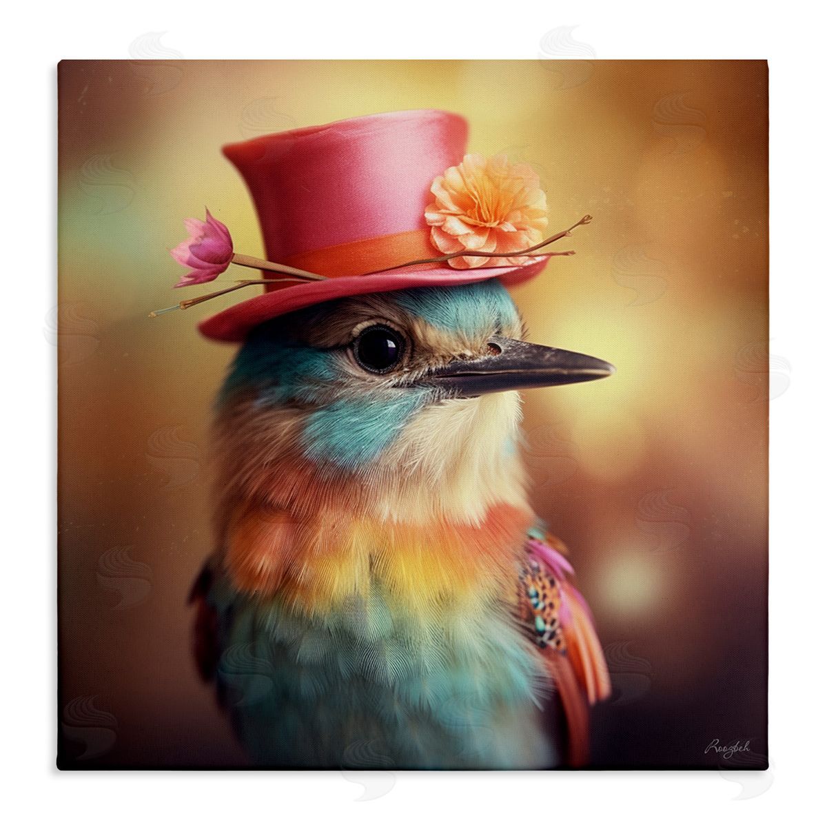 Pastel Bird in Hat Canvas Wall Art, Home Decor by Roozbeh