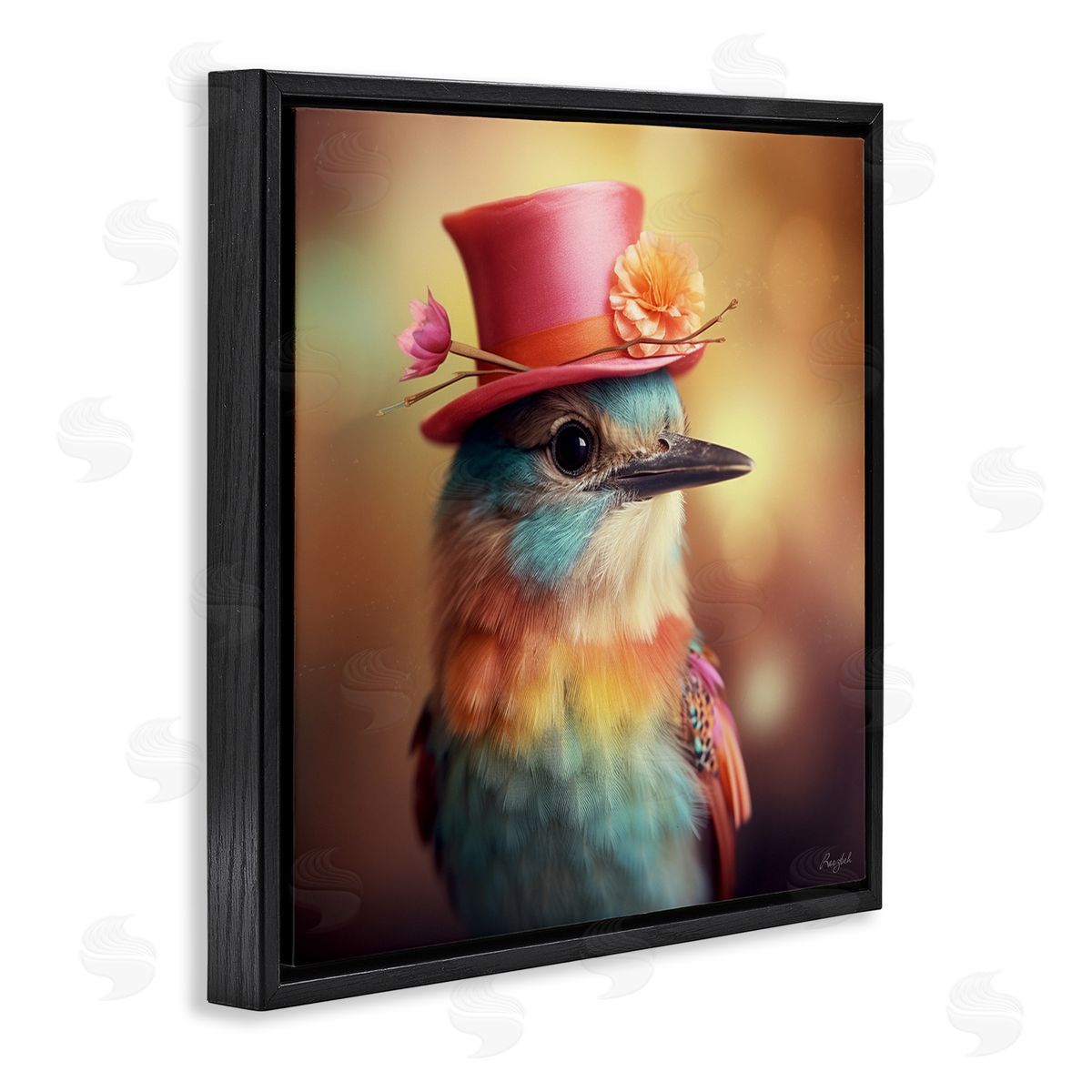 Pastel Bird in Hat Black Floating Frame Canvas Wall Art, Home Decor by Roozbeh
