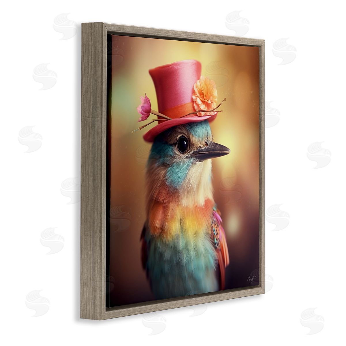 Pastel Bird in Hat Brown Floating Frame Canvas Wall Art, Home Decor by Roozbeh