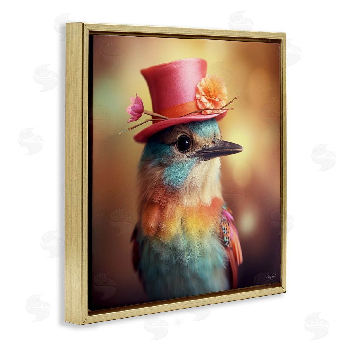 Pastel Bird in Hat Gold Floating Frame Canvas Wall Art, Home Decor by Roozbeh