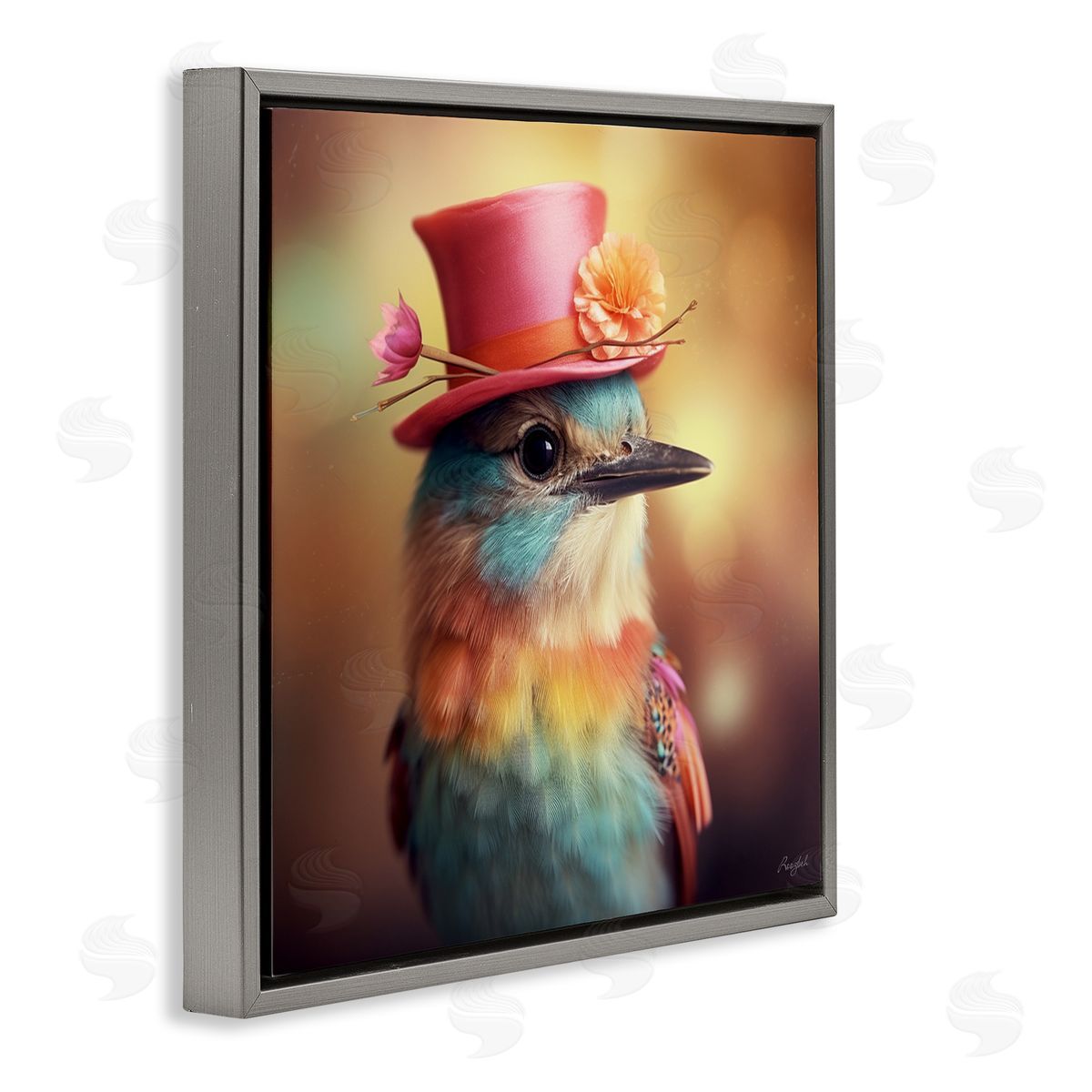 Pastel Bird in Hat Grey Floating Frame Canvas Wall Art, Home Decor by Roozbeh