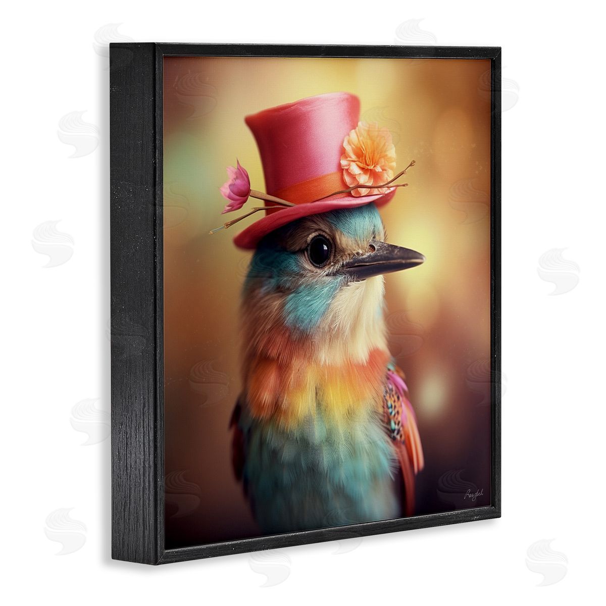 Pastel Bird in Hat Black Frame Print Wall Art, Home Decor by Roozbeh