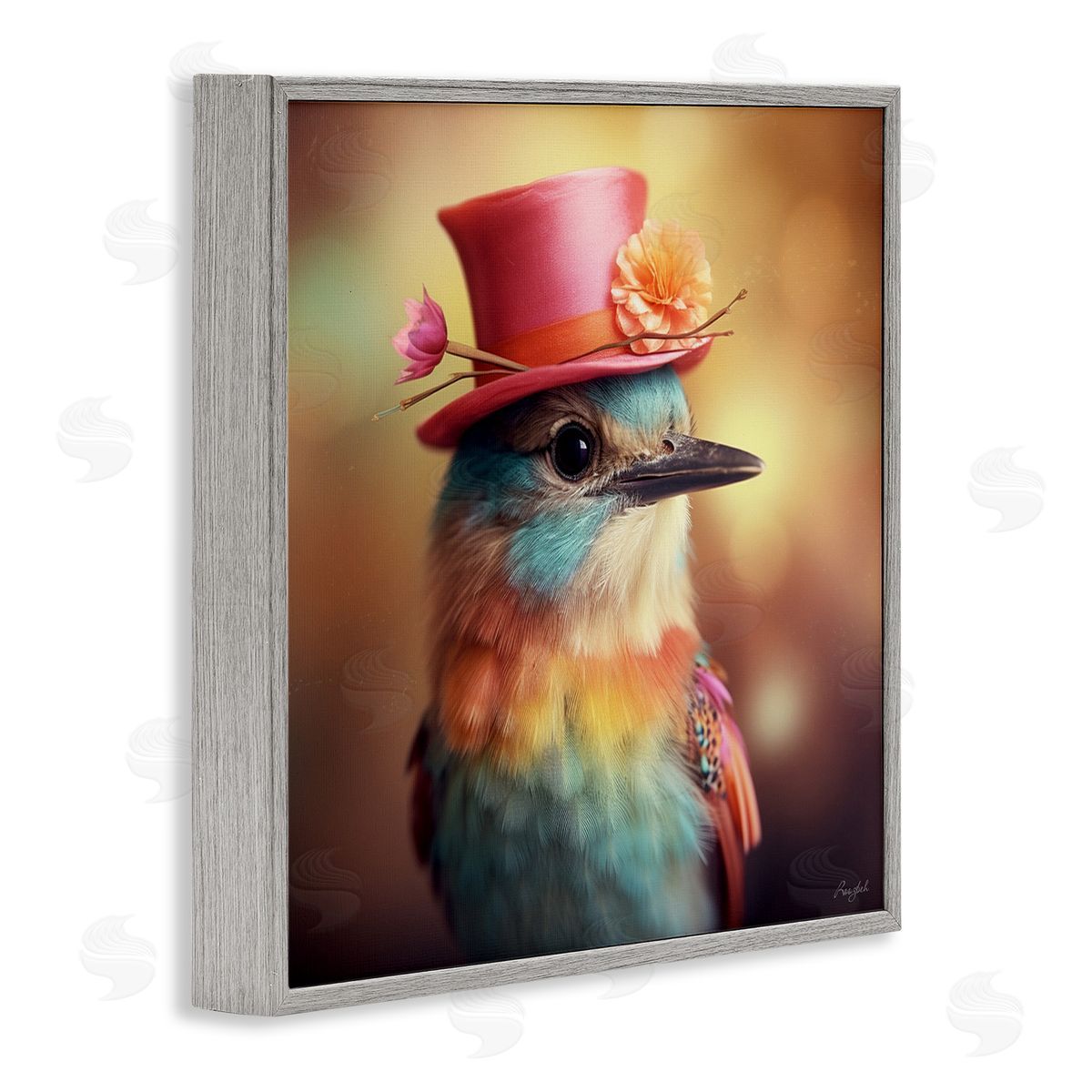 Pastel Bird in Hat Grey Frame Print Wall Art, Home Decor by Roozbeh
