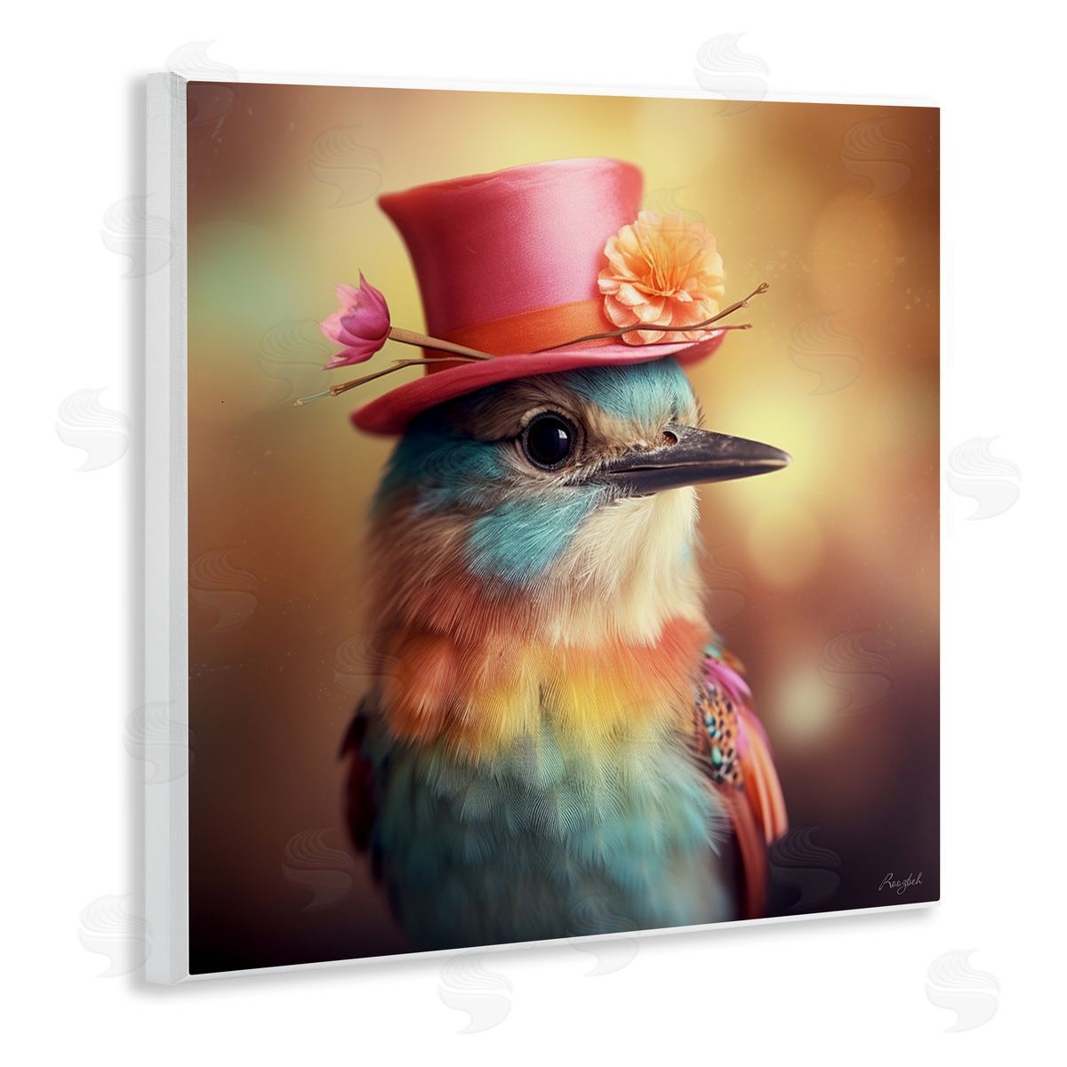 Pastel Bird in Hat Wood Plaque Wall Art, Home Decor by Roozbeh