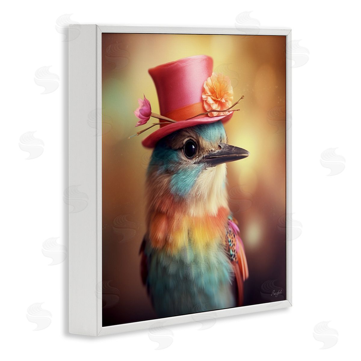 Pastel Bird in Hat White Frame Print Wall Art, Home Decor by Roozbeh